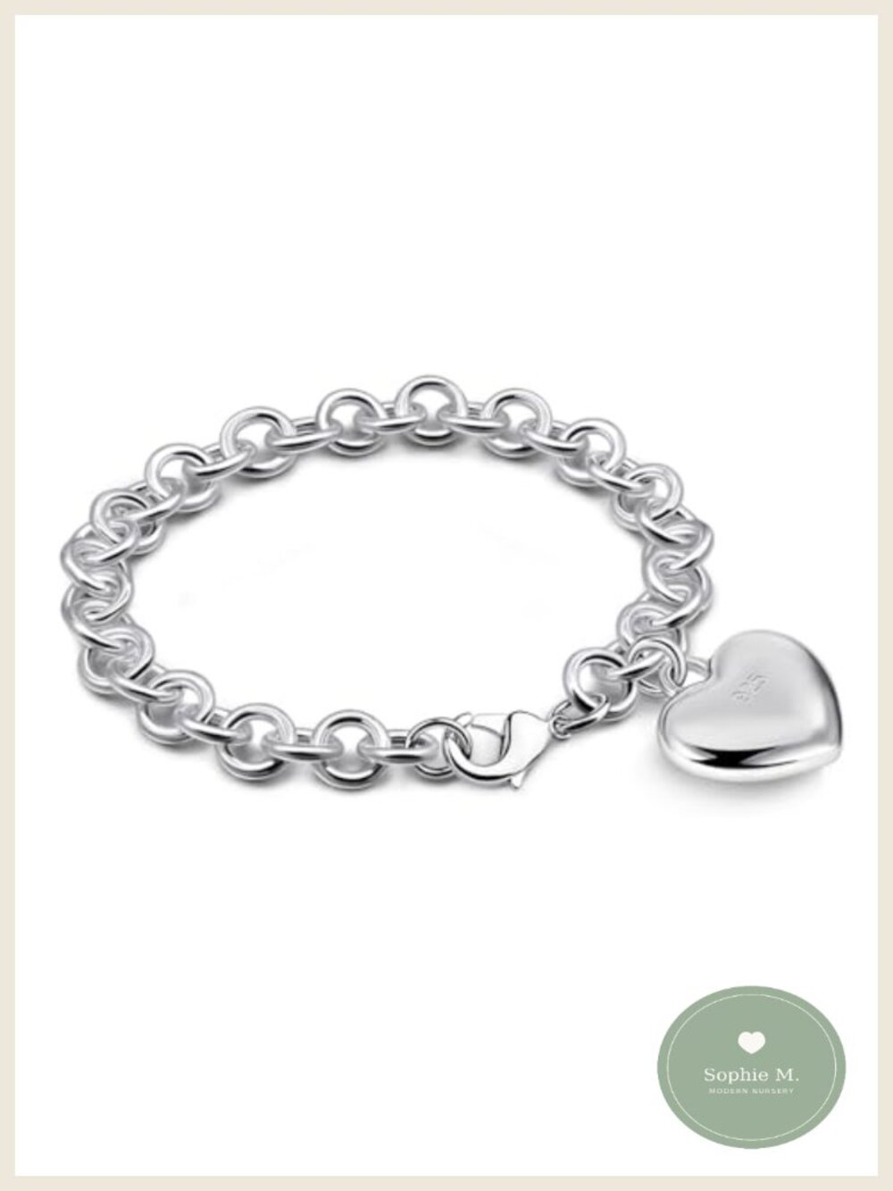 925 Sterling Silver Cable Link Bracelet Heart Charm Pendant